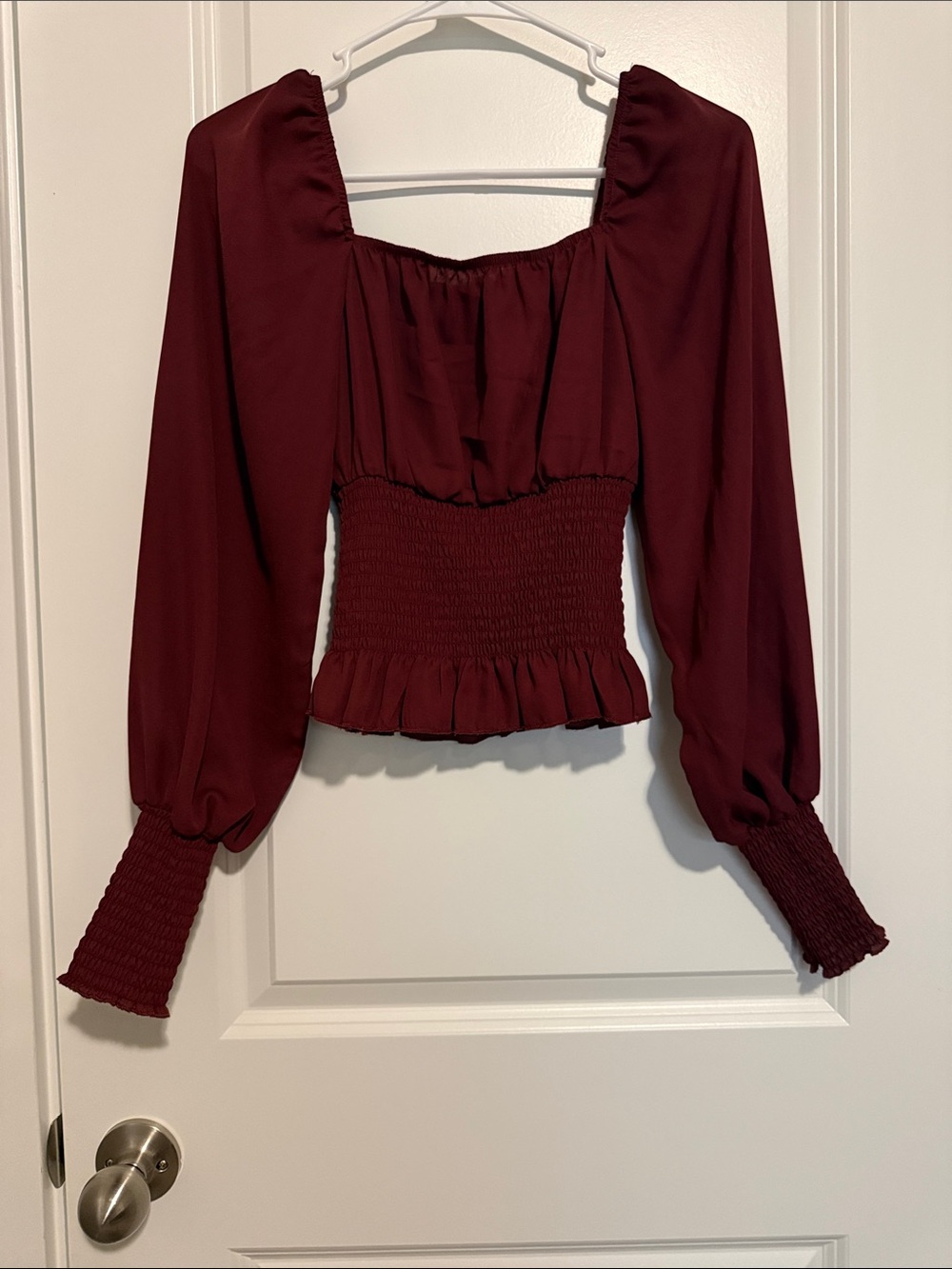 Ultra Flirt Burgundy Smocked Waist Long Sleeve Blouse